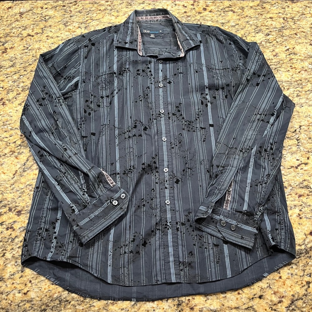Blue Pronto Uomo Mens XL Black Striped Burnout Velvet Floral Button Down Shirt